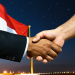 **Strategic Partnership:** A split image. On one side, a handshake between an Egyptian and Libyan official against a backdrop of the Egyptian and Libyan flags. On the other side, a dark, grainy image of a border crossing at night, with blurry figures suggesting smuggling. Focus on conveying both cooperation and security challenges.