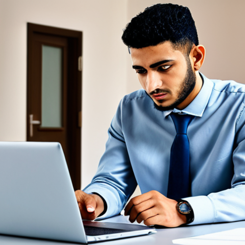 A focused Libyan young man in modest, contemporary professional attire, seated at a desk in a modern, well-lit study area. He is actively engaged with a laptop and a smartphone, symbolizing mobile internet as a lifeline. The background subtly features elements of both traditional Libyan architecture and modern connectivity, indicating adaptation despite infrastructure challenges. The scene emphasizes dedication and resourcefulness. Professional photography, realistic, high detail, perfect anatomy, correct proportions, natural pose, well-formed hands, proper finger count, natural body proportions, fully clothed, modest clothing, appropriate attire, safe for work, appropriate content, family-friendly.