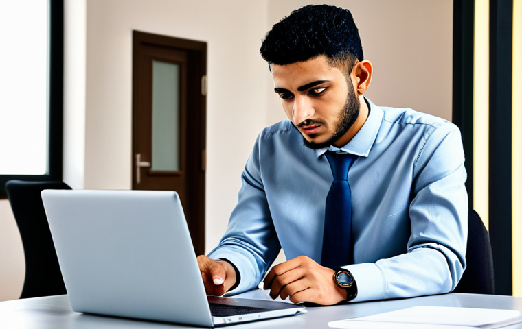 A focused Libyan young man in modest, contemporary professional attire, seated at a desk in a modern, well-lit study area. He is actively engaged with a laptop and a smartphone, symbolizing mobile internet as a lifeline. The background subtly features elements of both traditional Libyan architecture and modern connectivity, indicating adaptation despite infrastructure challenges. The scene emphasizes dedication and resourcefulness. Professional photography, realistic, high detail, perfect anatomy, correct proportions, natural pose, well-formed hands, proper finger count, natural body proportions, fully clothed, modest clothing, appropriate attire, safe for work, appropriate content, family-friendly.