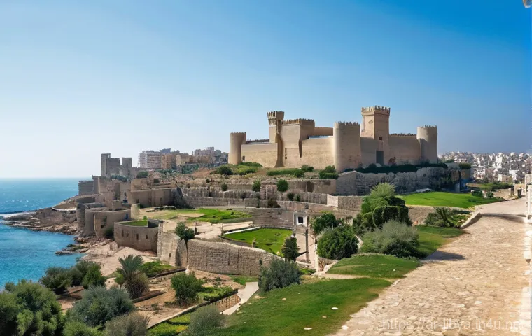 트리폴리 역사적 유적지 - **Prompt:** "A majestic, ancient stone citadel, the Tripoli Citadel (also known as Raymond de Saint-...
