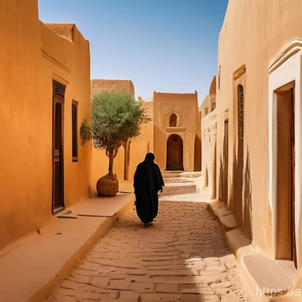 리비아의 대표적인 건축 양식과 특징 - **Prompt:** A serene, ancient scene within the Old City of Ghadames, Libya. Focus on the unique arch...