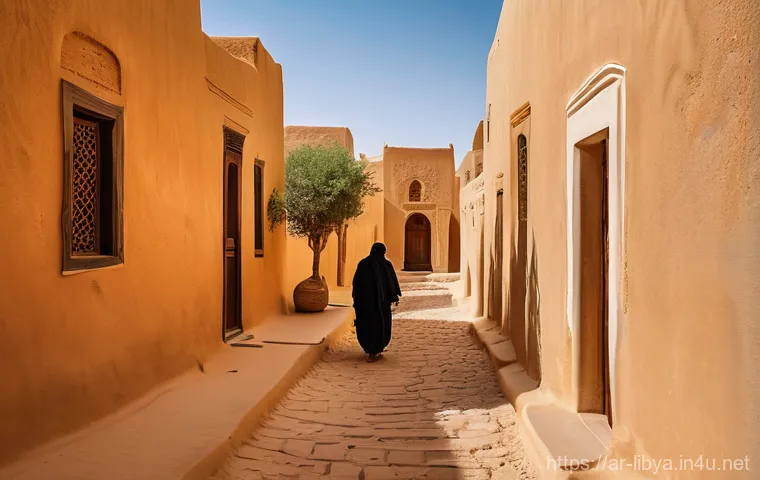 리비아의 대표적인 건축 양식과 특징 - **Prompt:** A serene, ancient scene within the Old City of Ghadames, Libya. Focus on the unique arch...
