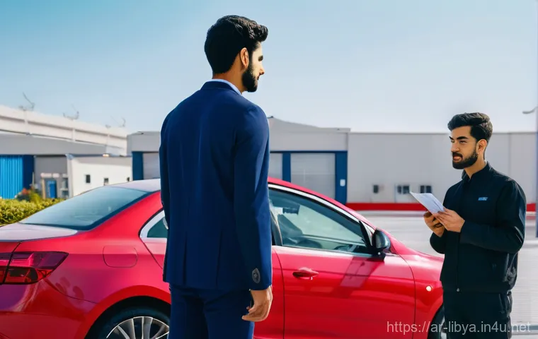 리비아에서 자동차 렌트 주의사항 - **Prompt 1: Diligent Pre-Journey Checks**
A bright, well-lit scene featuring a young Arab man, d...