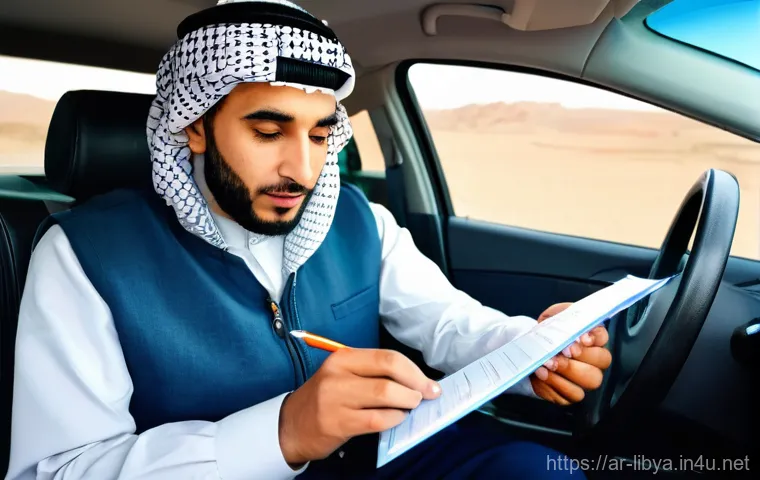 리비아에서 자동차 렌트 주의사항 - **Prompt 2: Navigating Libya's Diverse Roads**
    An image showcasing an adult Arab individual, eit...